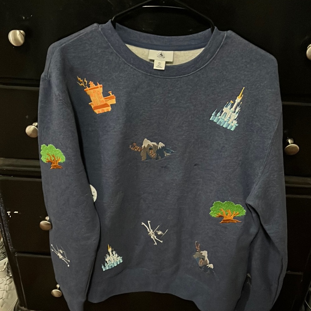 Disney Parks Icons Rides Embroidered Blue Sweatshirt Rare.